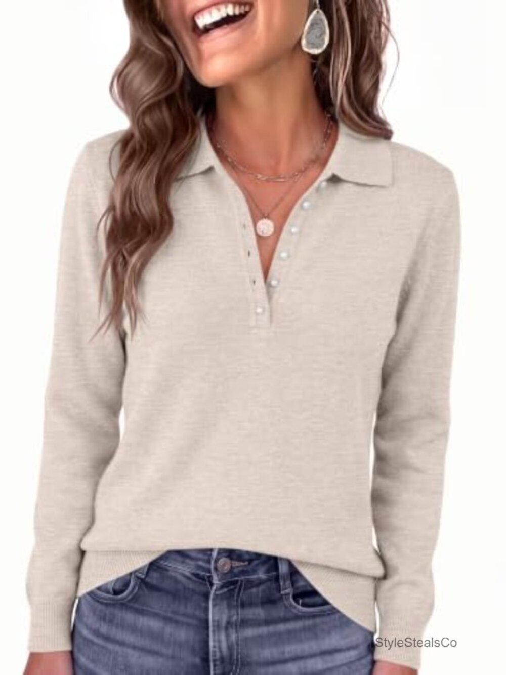 Pearl Button Polo Sweater Long Sleeve Knit Pullover Top